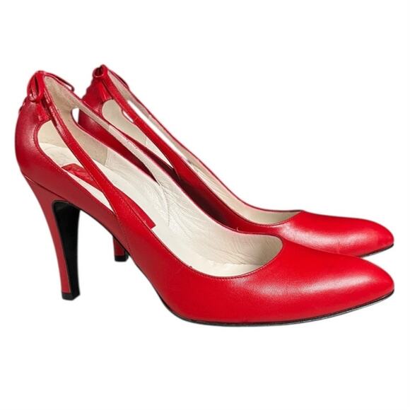 Marc Jacobs Red Leather Heels Women’s Size 8 Made in Italy NWOT Red Bow Back - Picture 1 of 12
